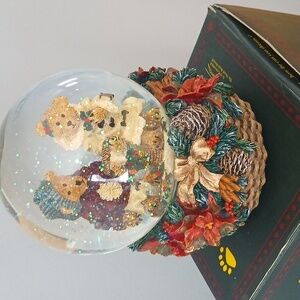 Holiday Snow Globe with Bears and Floral Accents